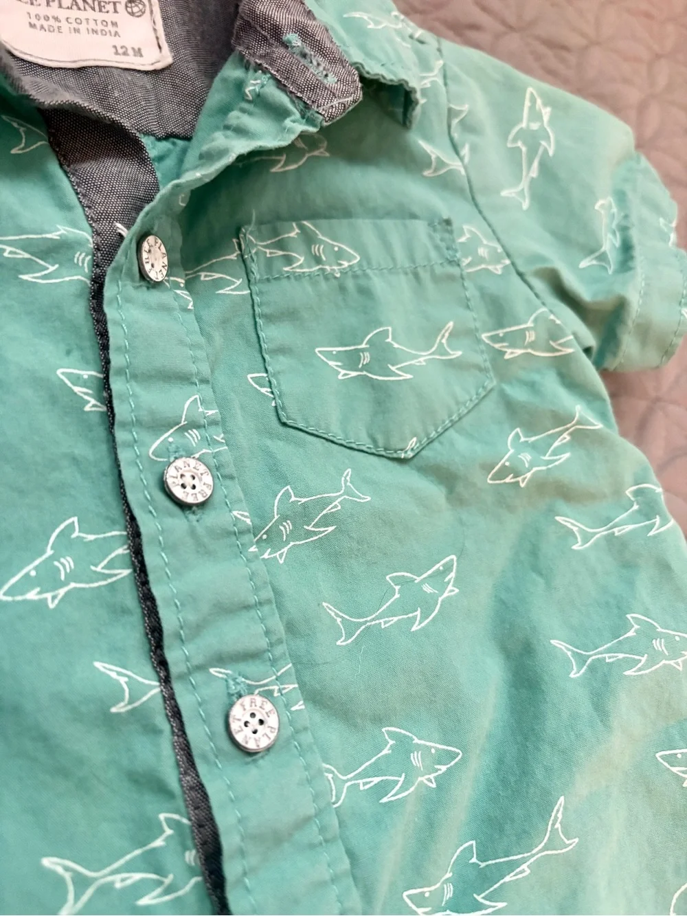 Free Planet Teal and White Collared Button-Up Baby Romper with Shark Trim